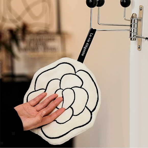 Camellia Flower Hand Towel, White and Black - Picture 2 of 4